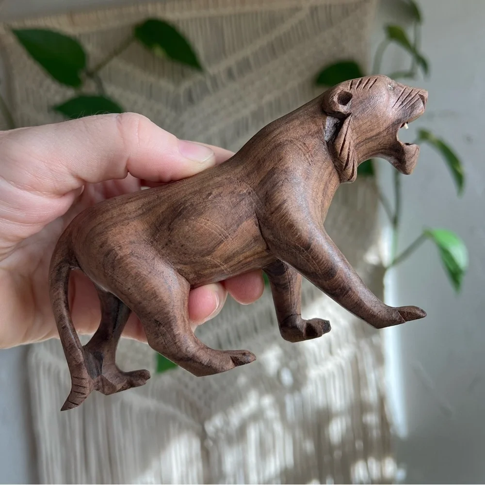 Vintage Hand-Carved Wooden Tiger Figurine Teak Jungle Cat Sculpture Safari Decor
